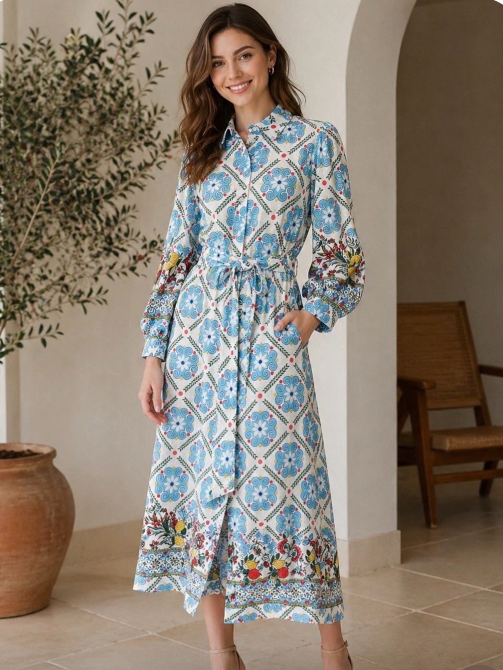 Boden Clara Linen Blend Maxi Shirt Dress Blue Floral Tile Print Belted Size 8R
